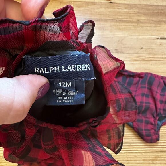 Ralph Lauren red black checkered collar ruffle dress SIZE 12M - Picture 4 of 6